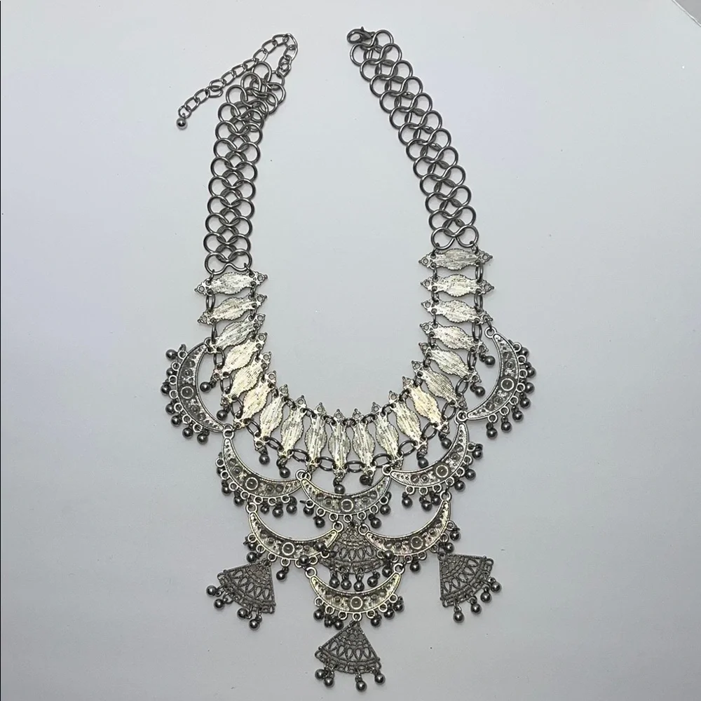 Silver Tone Statement Necklace with rhinestones and dangling beads - Picture 7 of 11